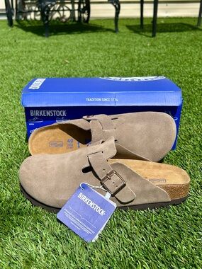 Birkenstock Boston Taupe suede clogs